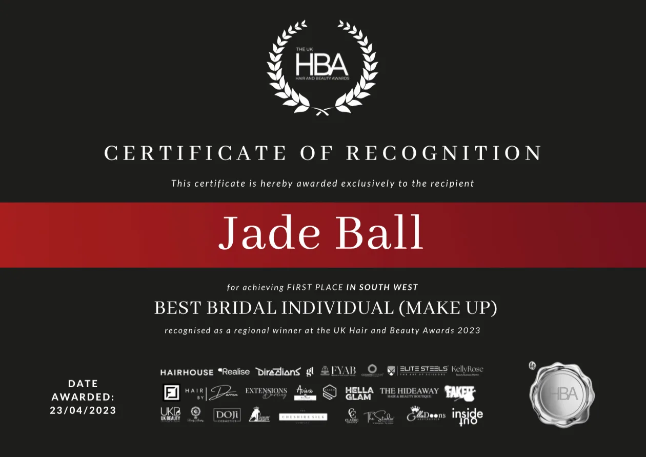 Certificate of Recognition from the UK Hair and Beauty Awards 2023, awarded to Jade Ball for First Place, South West, Best Bridal Individual (Make-Up), dated 23 April 2023